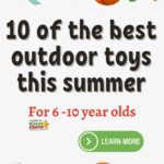 The image is an advertisement for "10 of the best outdoor toys this summer for 6-10 year olds," featuring illustrations of slides, a flying disc, and a basketball.