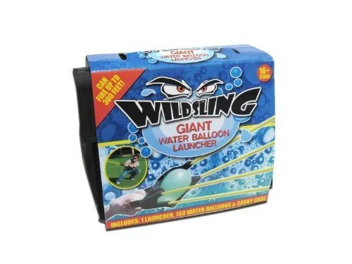 A person is launching water balloons up to 300 feet with a Wildling Giant Water Balloon Launcher, which includes a launcher, 150 water balloons, and a canny case.