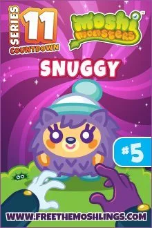 The image is a colorful graphic of a creature named "Snuggy" from the "Moshi Monsters" series. It features cute character design, number 5, and a website link.