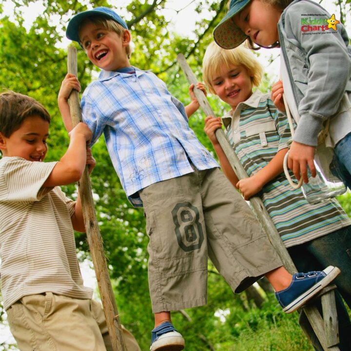 A group of smiling children, including a toddler wearing a sun hat, are playing outdoors in the grass beneath a tree.