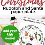 In this image, children are creating a paper plate with Rudolph and Santa on it to leave out a mince pie and drink for Santa on Christmas.