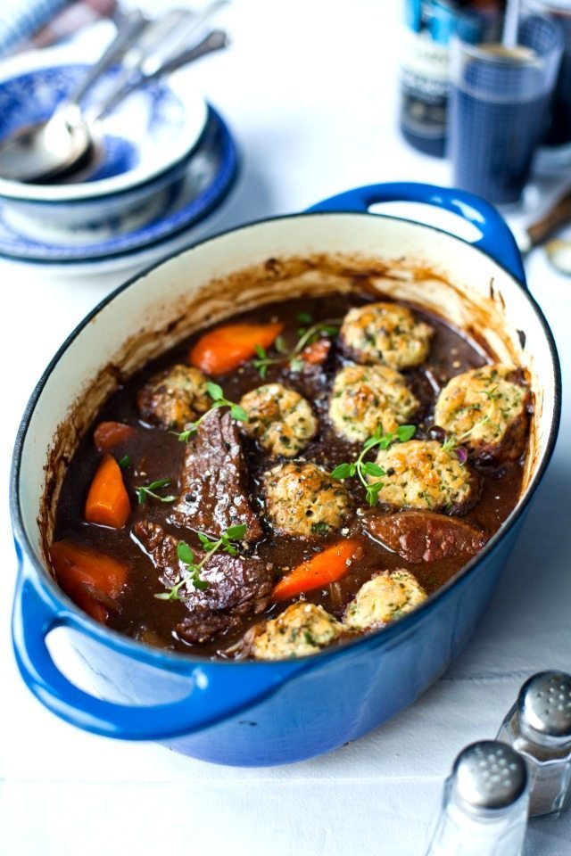 Braised stout beef and carrot stew with parsley dumplings