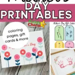 This image is showcasing a variety of printable Mother's Day items such as gift labels, coloring pages, gift cards, and more from the website KiddyCharts.com.