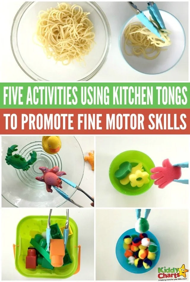 Five kids activities using kitchen tongs to promote fine motor skills