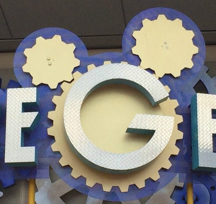 Soome of the Hidden Mickeys are an awful lot easier to spot than the others in Epcot - this one is on the Mouse Gear shop - and is pretty easy for anyone to see - in fact it was the first one we found and got us all started!