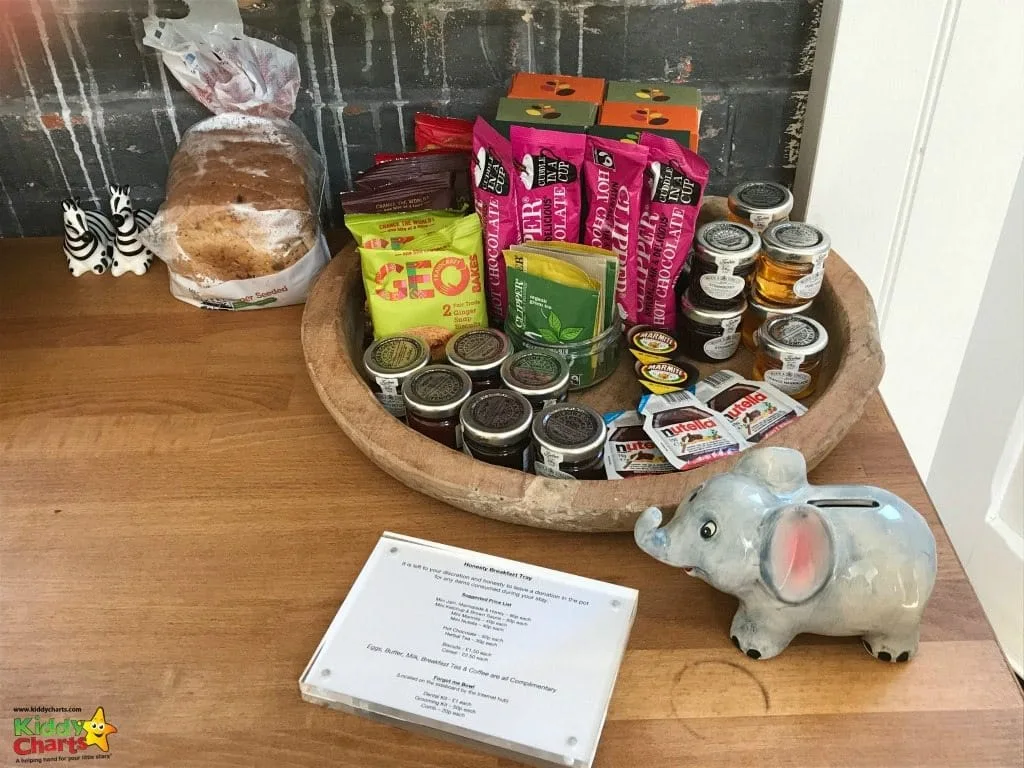 The Two Bare Feet honesty tray allows you to add to the options if you make your own breakfast - and the kids loved that elephant too!