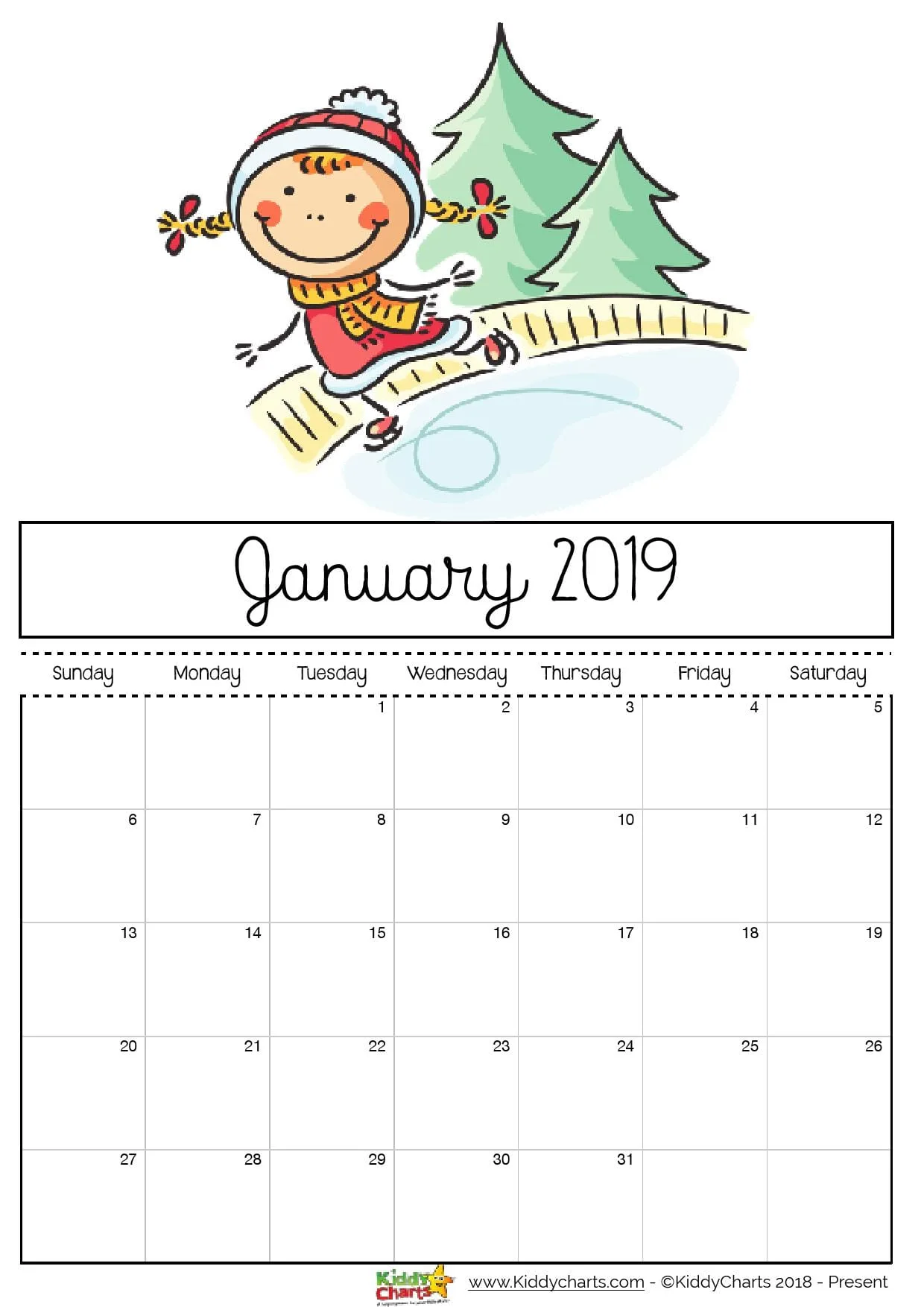 Girl playing on an ice rink. Perhaps something you can do too?!? #calendar2019 #printables #kidsprintables