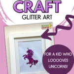 A child is creating a glitter art project featuring a unicorn, with the help of the website Kiddy Charts.