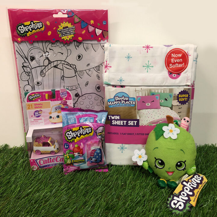This image is promoting Shopkins products, including posters, colored pencils, felt pens, stickers, die-cast, wheelies, Happy Places, a twin sheet set, and a Vac, with the slogan 