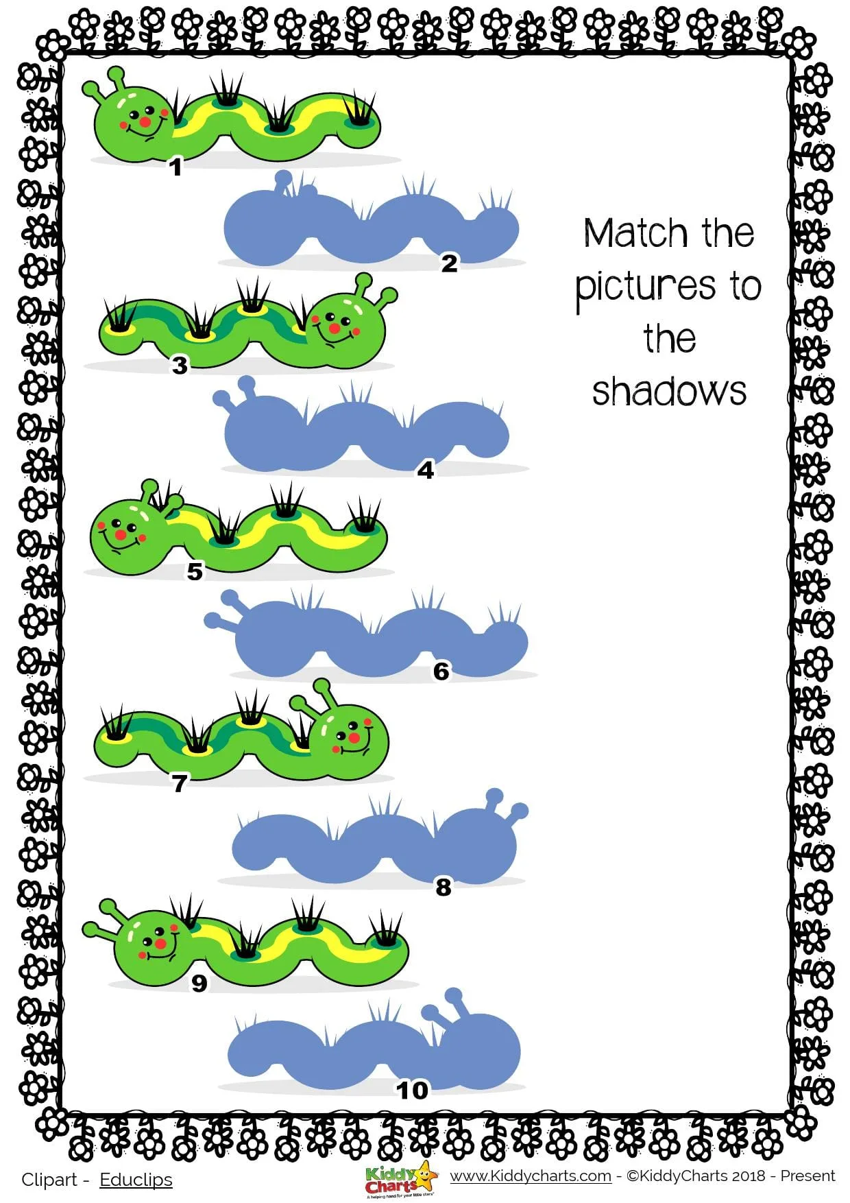 Summer matching game for the kids - can they match the shawdow-y caterpillars? Aren't they cute?!? #summer #printables #kids #maths