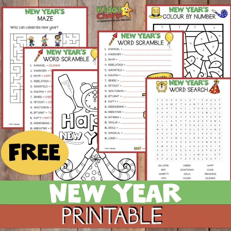 Come to the site and download 5 fabulous free New Year activities for the kids! #NewYear #Printables #KidsActivities