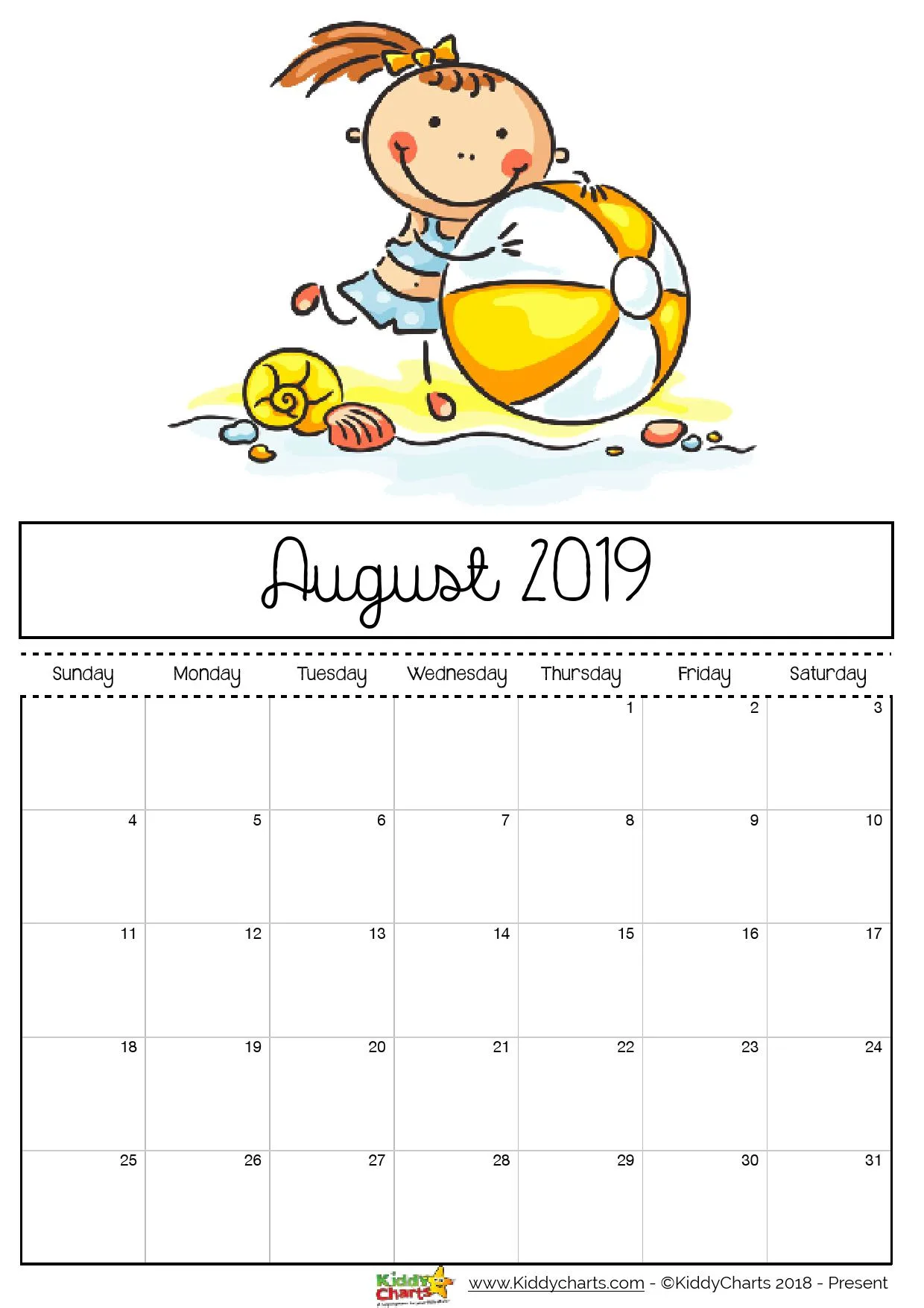 August printable 2019 calendar; little girl on the beach with a beach ball. We hope you manage to get to the beach too in 2019! #printables #kidsprintables #2019calendar