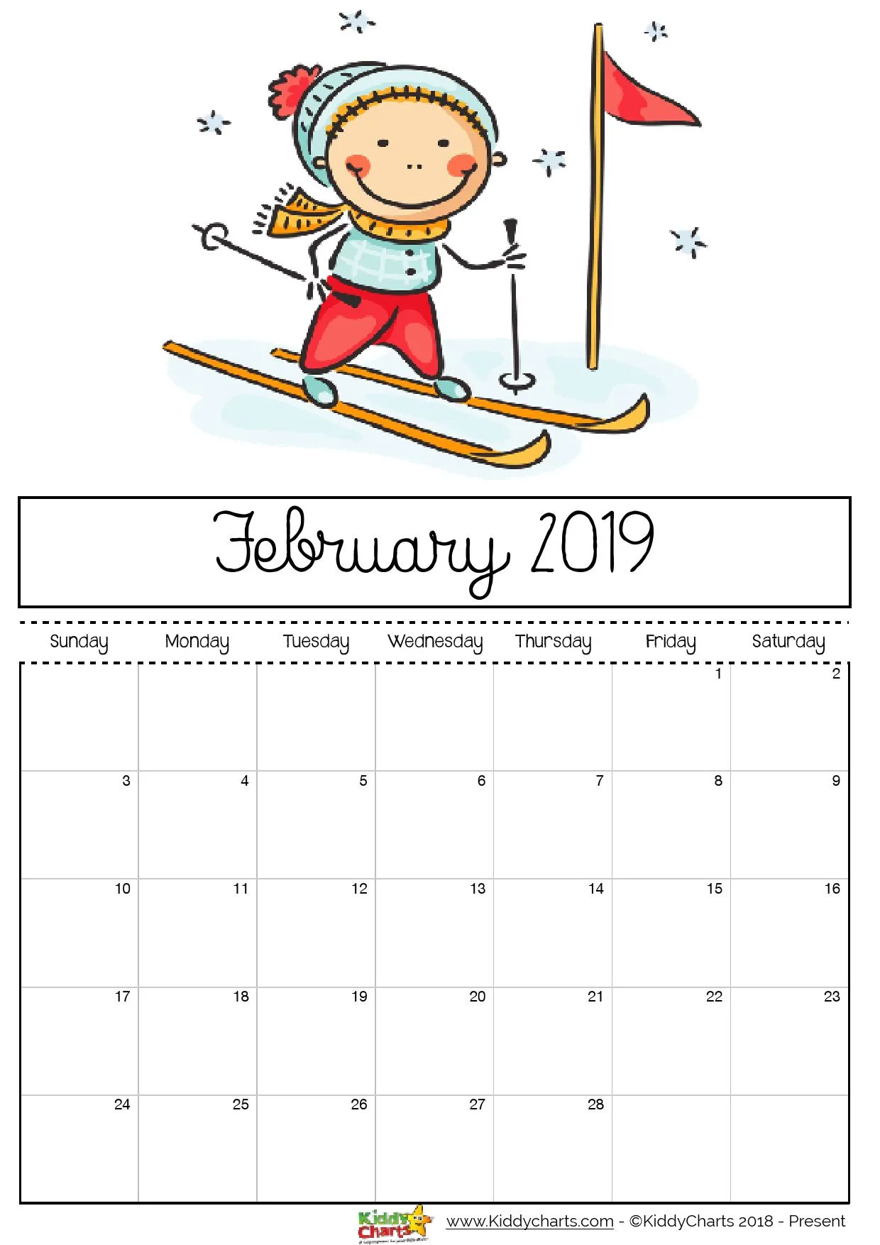 January printable 2019 calendar sheet - girl skiing. Which is definitely something we will want to be doing this year! #printables #2019calendar #kidsprintables