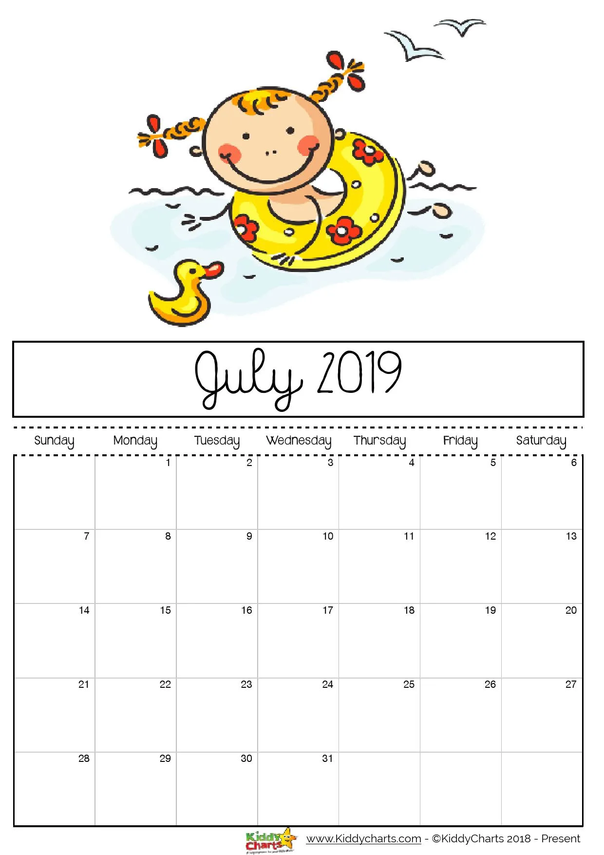 July 2019 printable calendar - girl with a rubber ring and a rubber duck swimming; doesn't it want to make you get your feet wet too! 