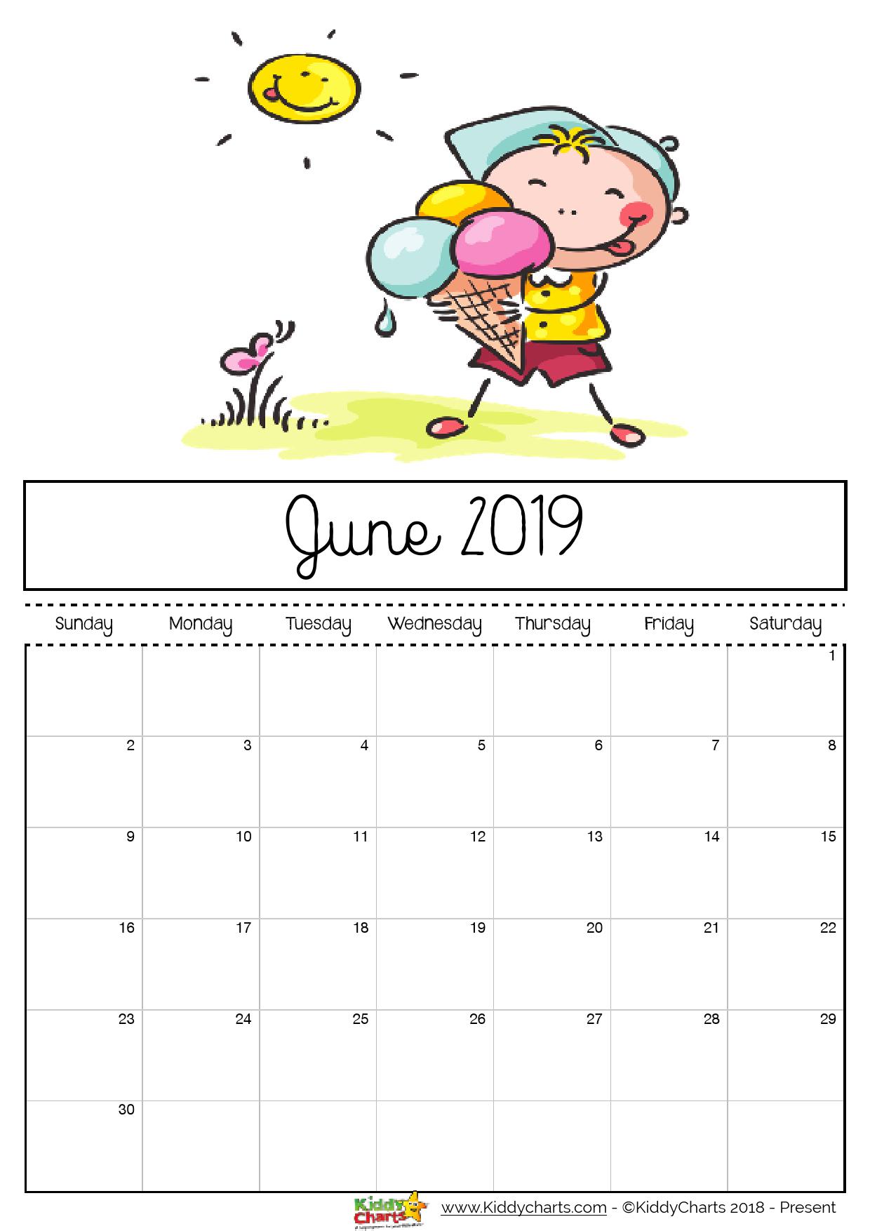 June printable 2019 calendar - boy eating ice cream in the sunshine; just like we hopefully will be very soon! #printables #kidsprintables #2019calendar