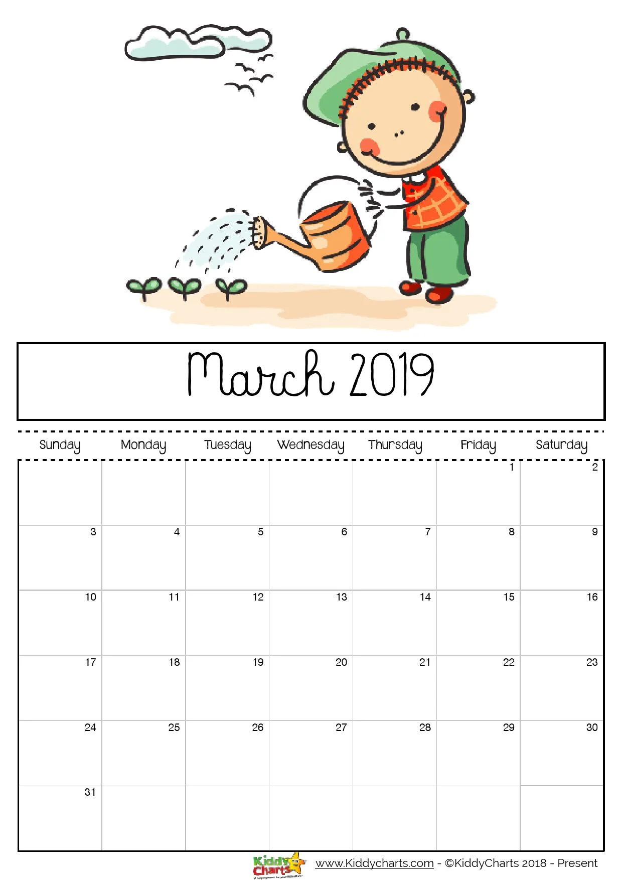 Girl watering her garden with a watering can. She can come and help me anyday! #printables #kidsprintables #2019calendar 
