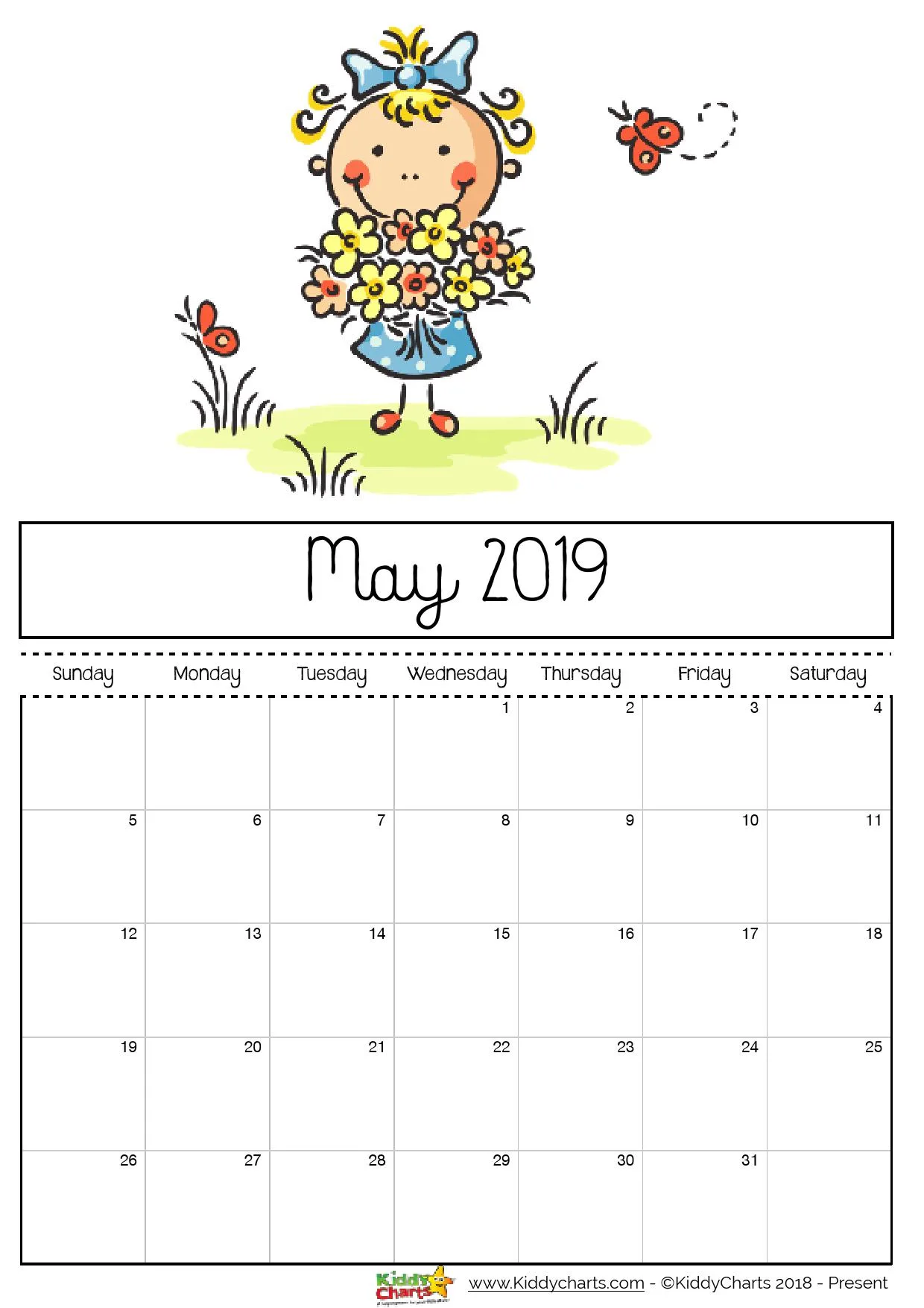 May printable 2019 calendar - girl picking flowers, but ones she is meant to of course! #prtintables #kidsprintables #2019calendar