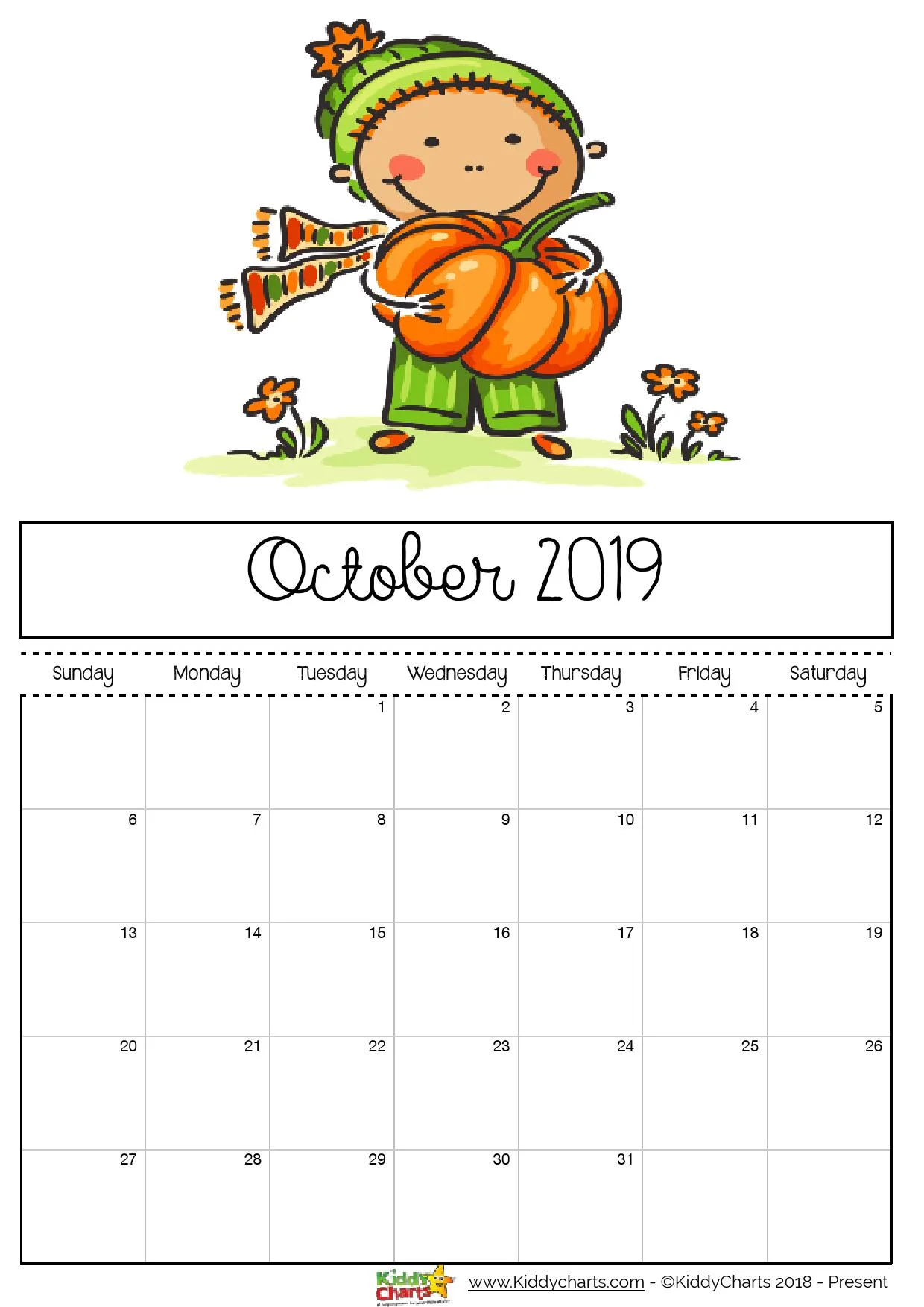 Boy with a pumpkin, and it is so very nearly pumpkin time! #printables #kidsprintables #2019calendar