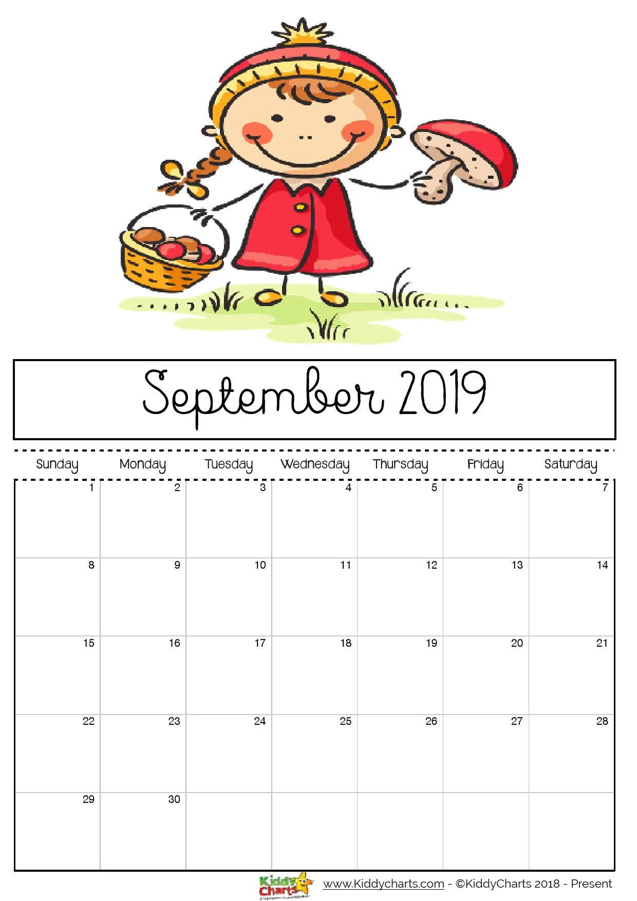 September printable 2019 calendar; girl foraging for mushrooms. What a great idea for September too! #printables #freeprintables #2019calendar