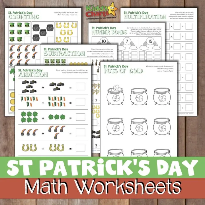 This image is a collection of math worksheets related to St. Patrick's Day, including counting, multiplication, number bonds, subtraction, and addition.
