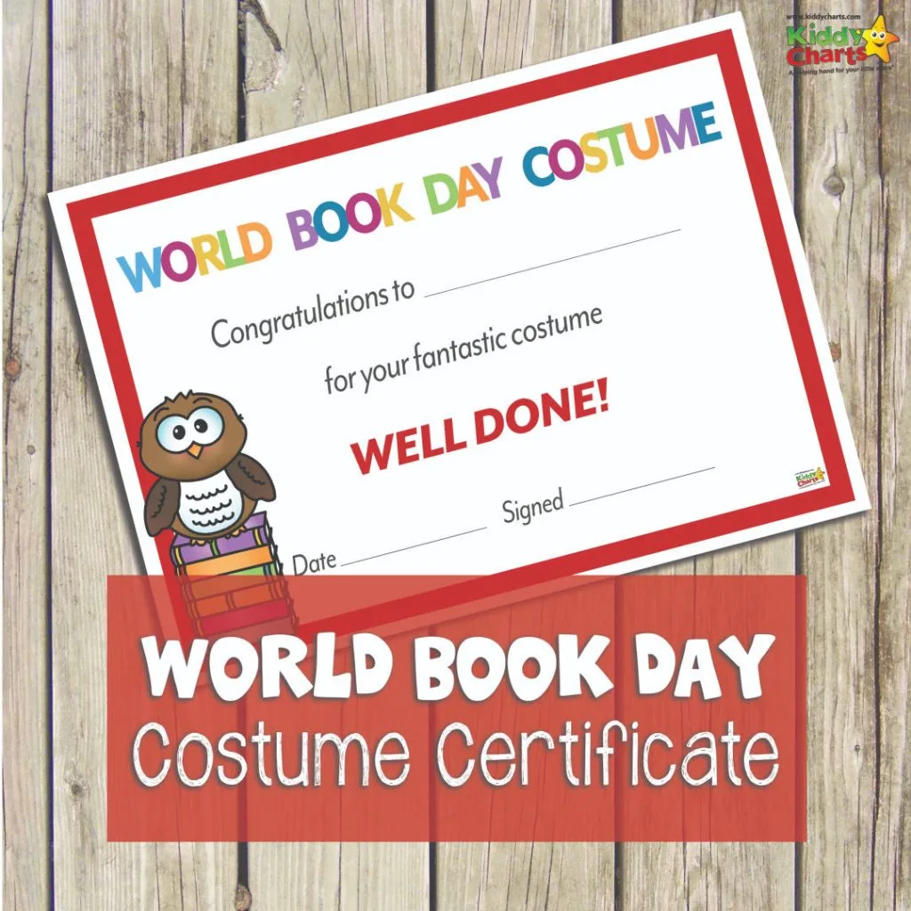 World Book Day costume certificate for kids and parents