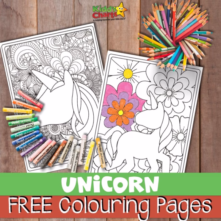 This image is showing a selection of Pentel Oil Pastels and Unicorn Free Colouring Pages, which can be used as a "helping hand" for children to create art.