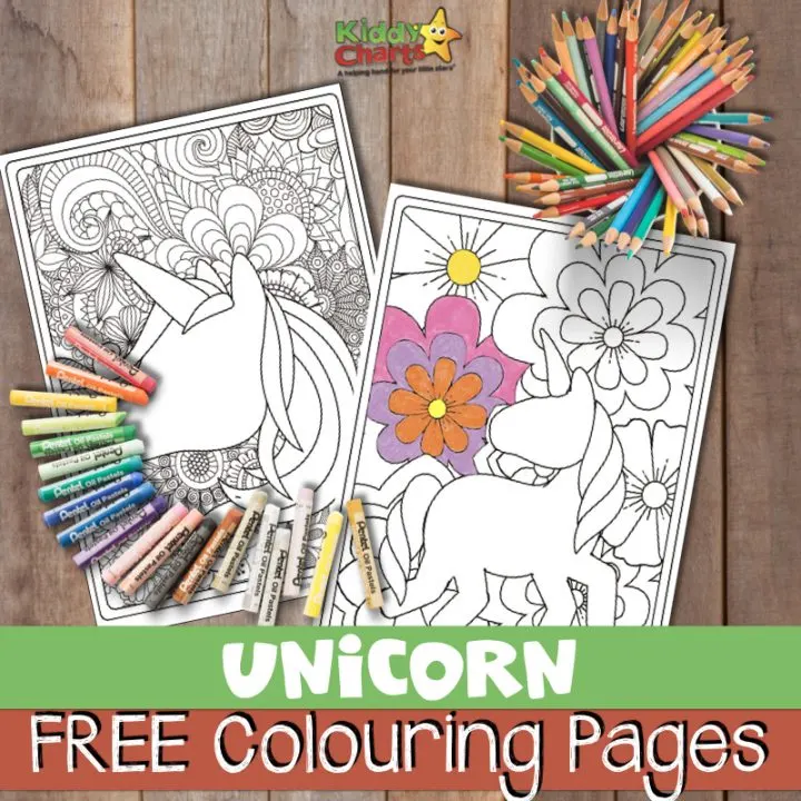 This image is showing a selection of Pentel Oil Pastels and Unicorn Free Colouring Pages, which can be used as a 