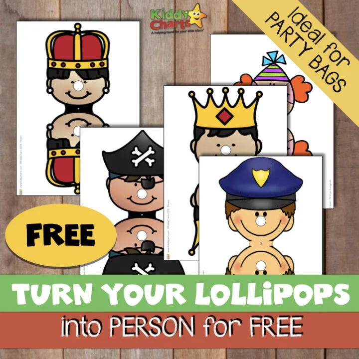 The image is showing a variety of products that can be used to create party bags for children, such as charts, clipart, and trorgirafs, as well as a free offer to turn lollipops into personalized characters.