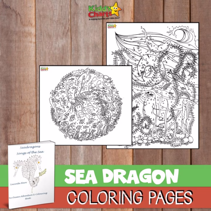 This image is showcasing a variety of products from Kiddy Charts, including a CD, coloring book, and a PAPPIE 00 Seadragons toy, which are all designed to help children learn and explore.