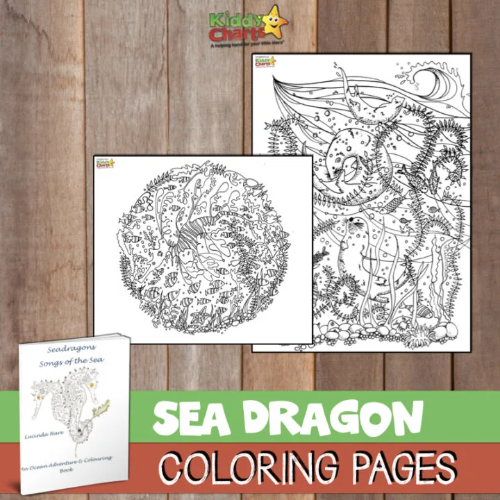 This image is showcasing a variety of products from Kiddy Charts, including a CD, coloring book, and a PAPPIE 00 Seadragons toy, which are all designed to help children learn and explore.