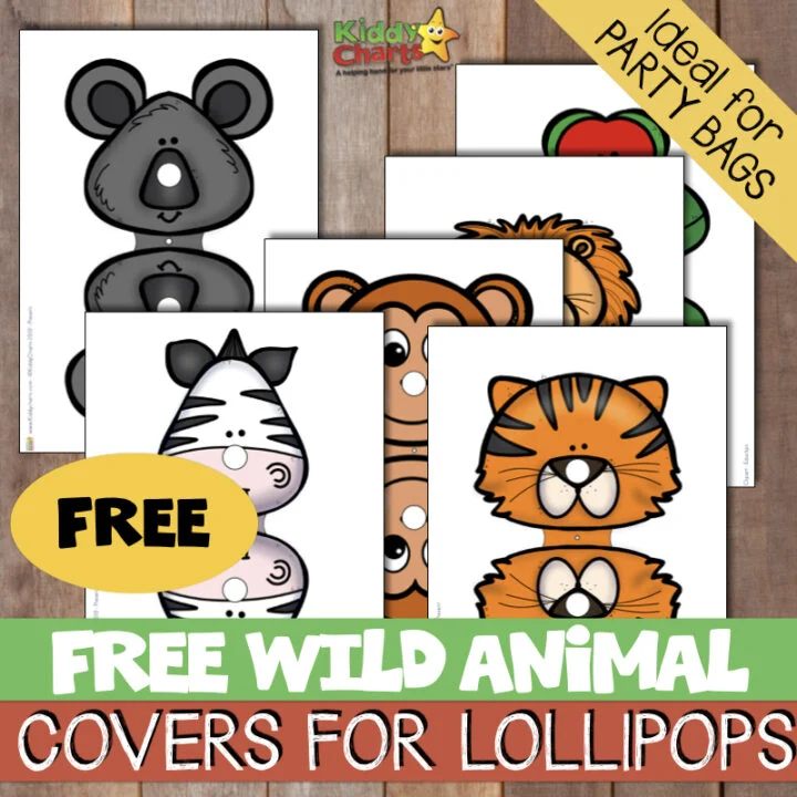This image is promoting a variety of products and services, such as party bags, charts, educhips, and free wild animal covers for lollipops, to help parents with their children.