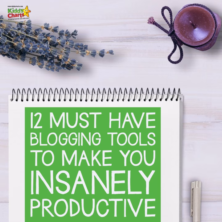 The image is showing a list of 12 must-have blogging tools to help make a person more productive.