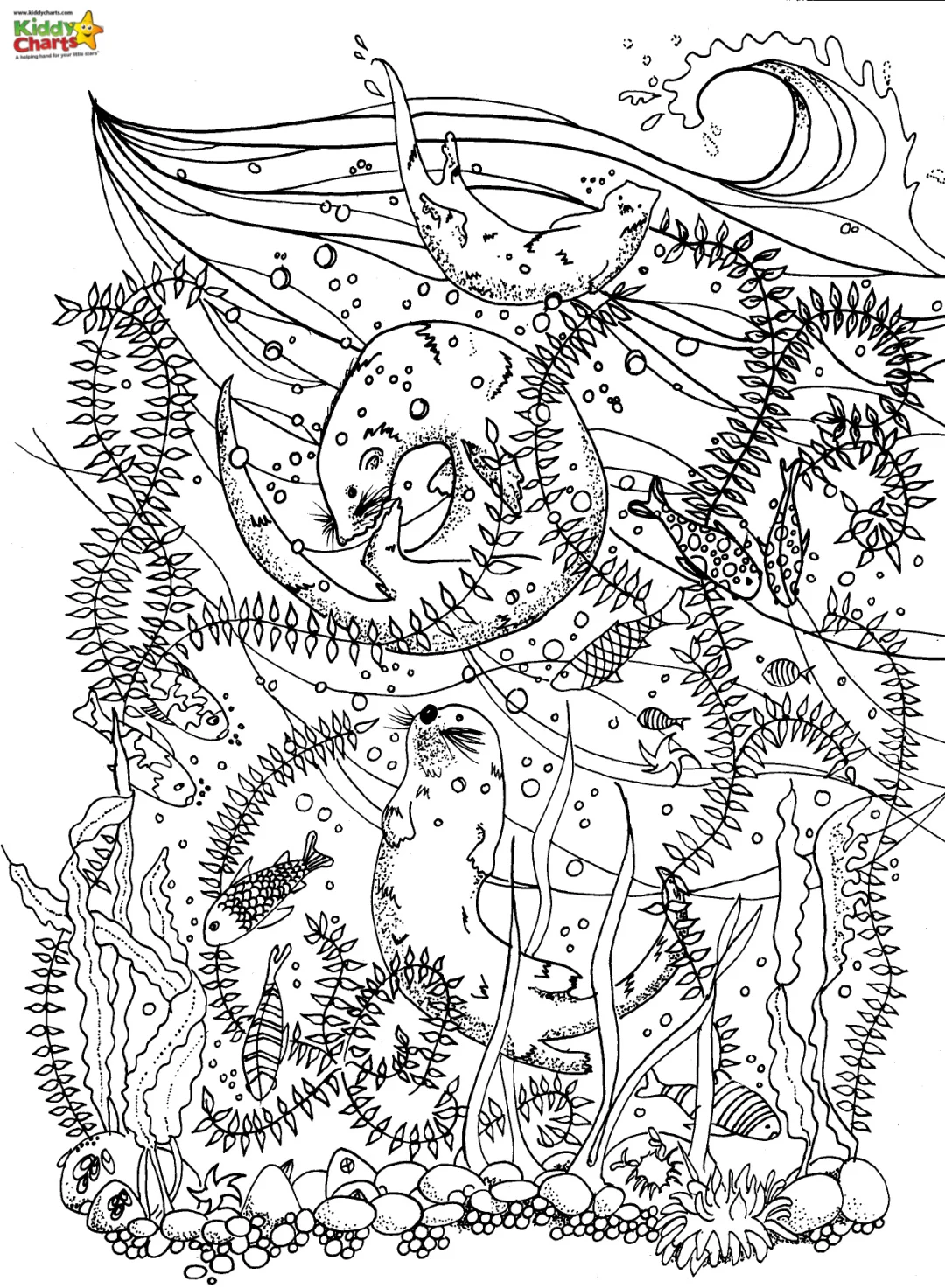 Sea dragon coloring page with a seal, fish and sea grass.