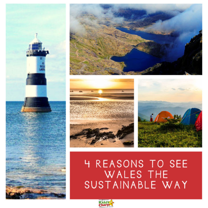 The image shows four reasons to visit Wales in a sustainable way, as represented by four colorful pie charts.