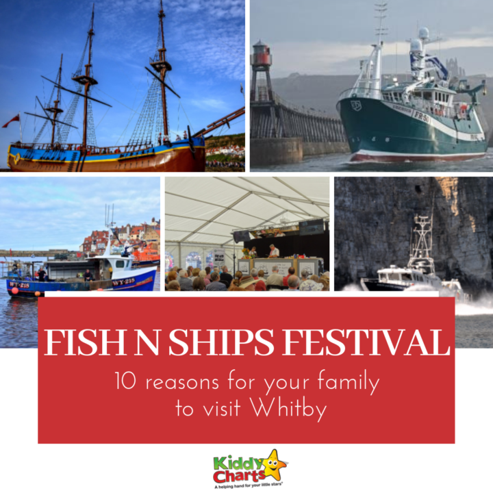 The image is promoting the Fish 'n' Ships Festival in Whitby, with 10 reasons for families to visit the town.