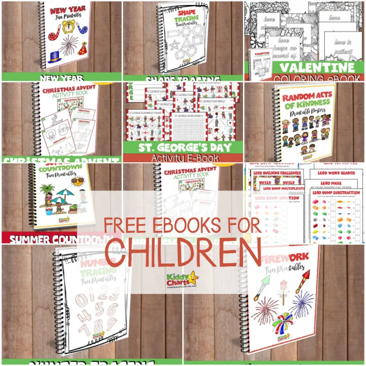 This image is showing a variety of activities related to St. George's Day, Christmas, and New Year's, such as coloring books, word searches, and LEGO building challenges.