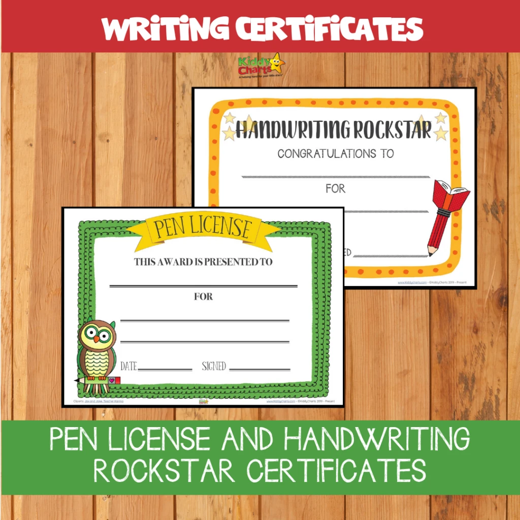 Pen license and handwriting rockstar certificates