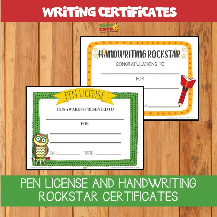 This image is presenting a certificate to a student for earning a Pen License and Handwriting Rockstar award.