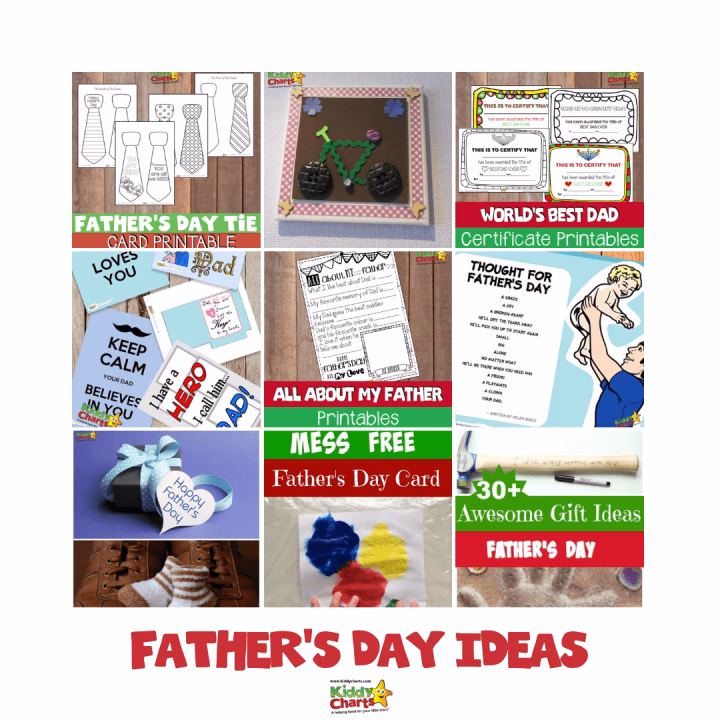This image is a Father's Day card featuring various charts, printables, and gift ideas for celebrating Father's Day.