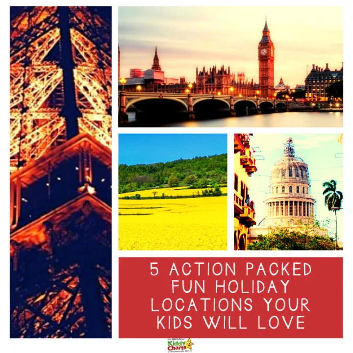 This image is showcasing five fun holiday locations that children will enjoy.