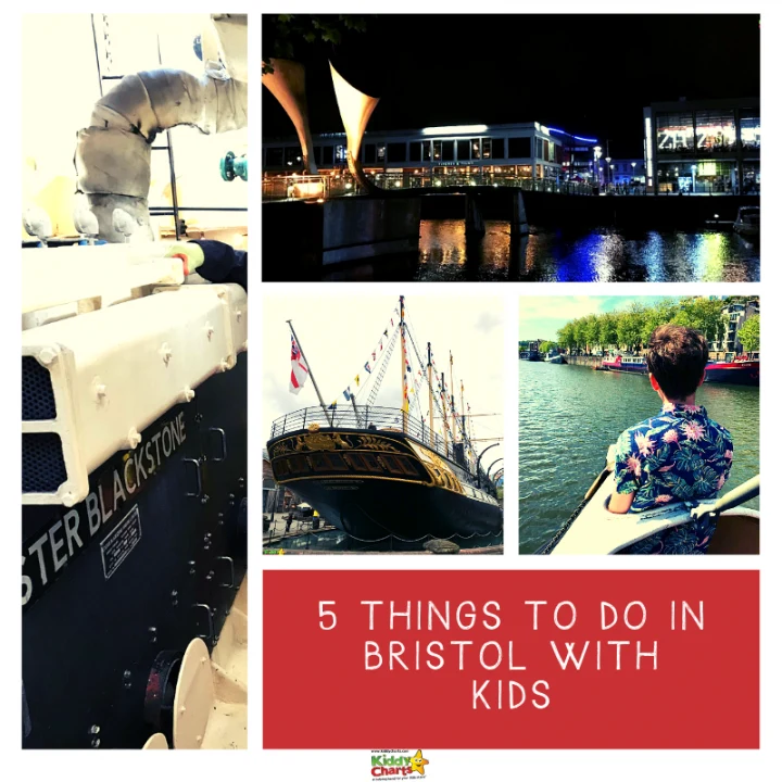 This image is showing five activities to do with kids in Bristol, England, as suggested by the website Kiddy Charts.