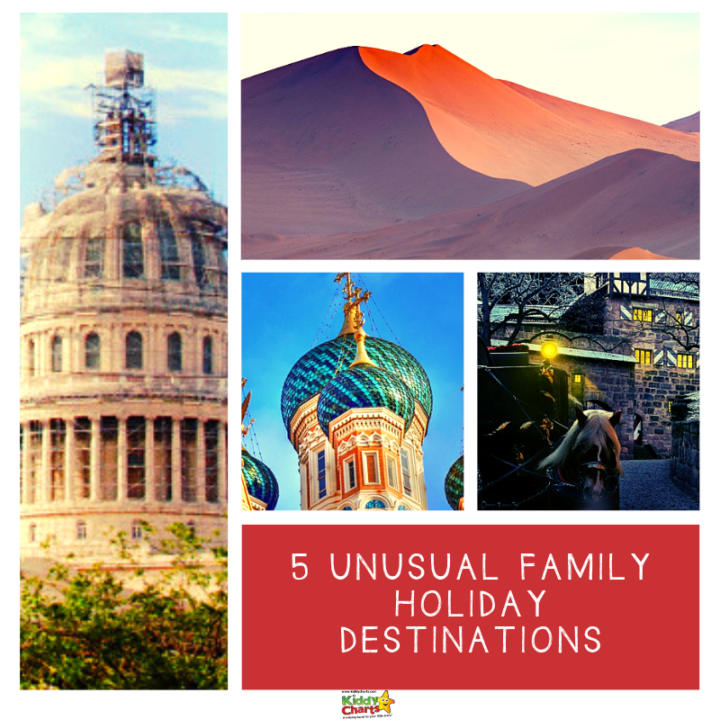 The image is showing five unusual family holiday destinations, represented by charts.