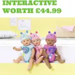 The image is advertising a Baby Born Interactive toy worth $44.99 from the website KiddyCharts.com.