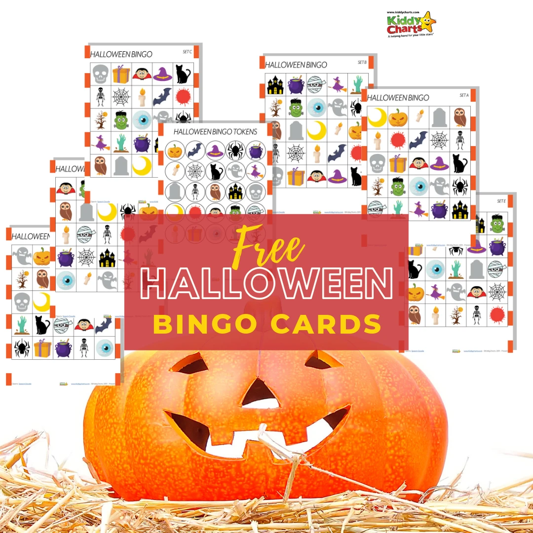 Pumpkin on straw alongside text "free Halloween Bingo Cards"