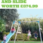 A person is being offered the chance to purchase a double swing and slide set worth £374.99 from the website www.kiddycharts.com.