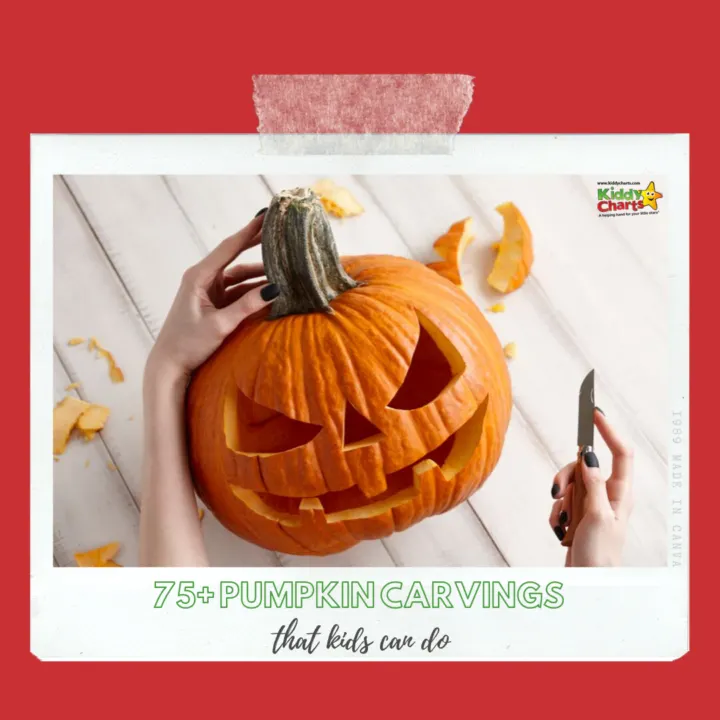 Here are more than SEVENTY-FIVE pumpkin carvings that the kids can have a bash at. Simple, not too scary and fun - what more do you need? #Halloween #PumpkinCarving #HalloweenDIY
