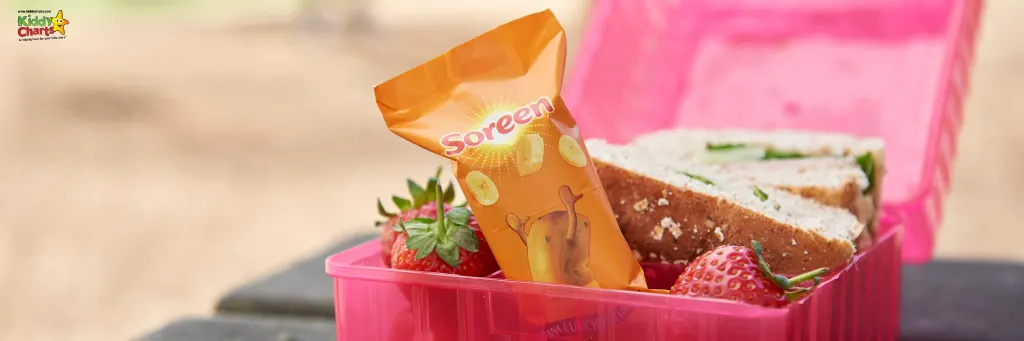 Pink lunch box with a Soreen malt loaf bar in it.