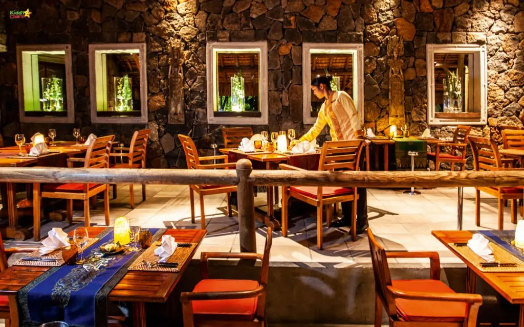 Shandrani resort review: inside of hotel restaurant at night.