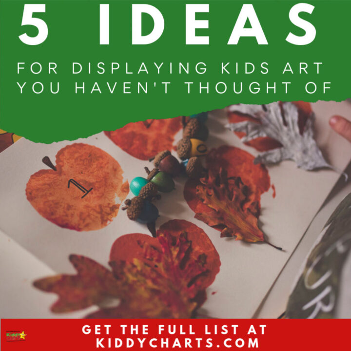 This image is providing five creative ideas for displaying children's artwork, with a link to a website for a full list of ideas.