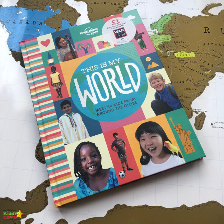 This image is showing a map of the world with 84 kids from around the globe highlighted to represent the Lonely Planet Kids charity.